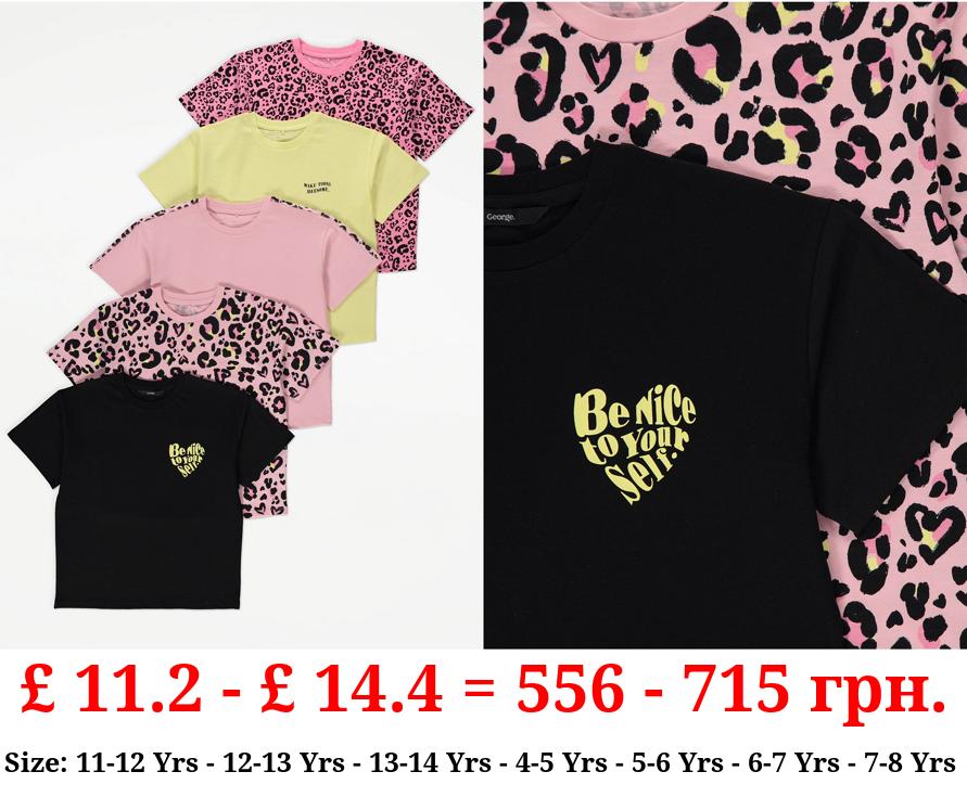 Neon Leopard Slogan T-Shirts 5 Pack