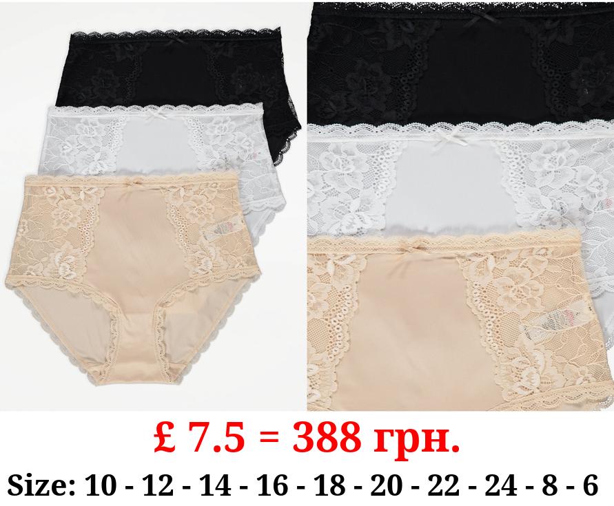 Lace Panel Full Brief Knickers 3 Pack