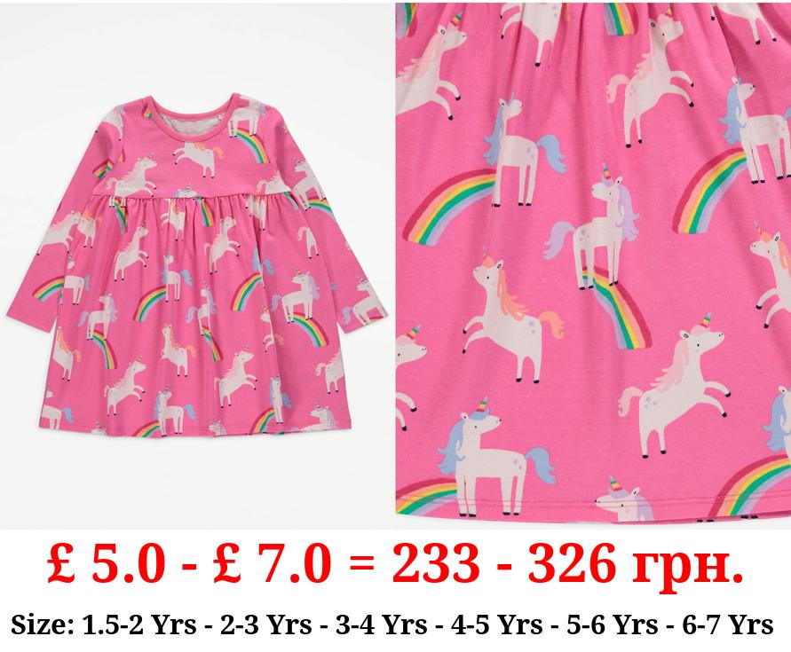 Pink Unicorn Rainbow Print Long Sleeve Dress