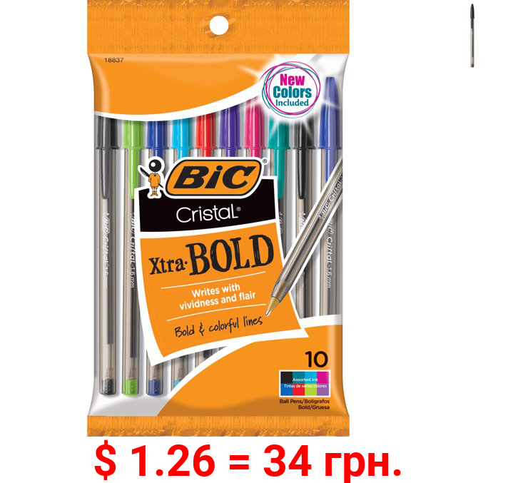 BIC Cristal Ballpoint Stick Pens, Bold Point, Assorted Ink, 10 Pack