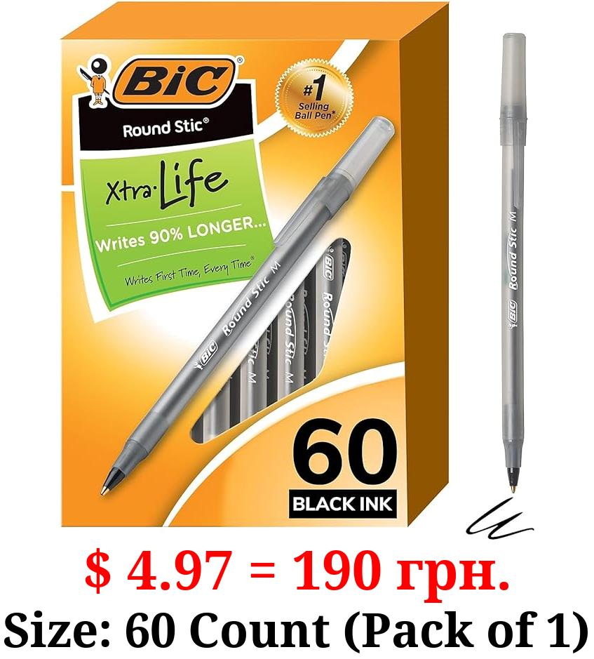 BIC Round Stic Xtra Life Ballpoint Pens • Medium Point (1.0mm) • Black • 60-Count Pack • Flexible Round Barrel For Writing Comfort • GSM609-BLK