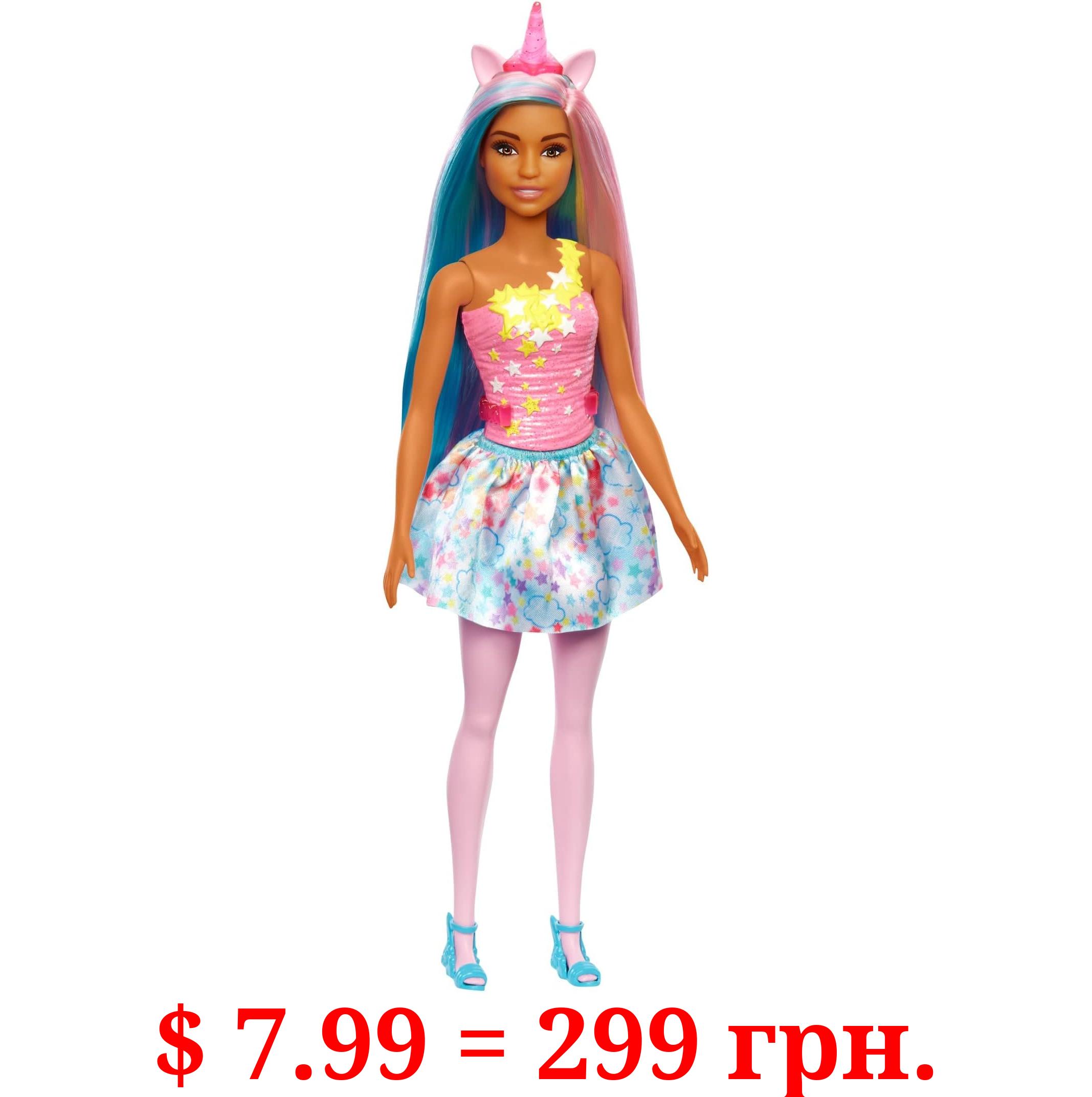 Barbie Dreamtopia Doll with Removable Unicorn Headband & Tail, Blue & Purple Fantasy Hair & Cloudy Star-Print Skirt, Unicorn Toy