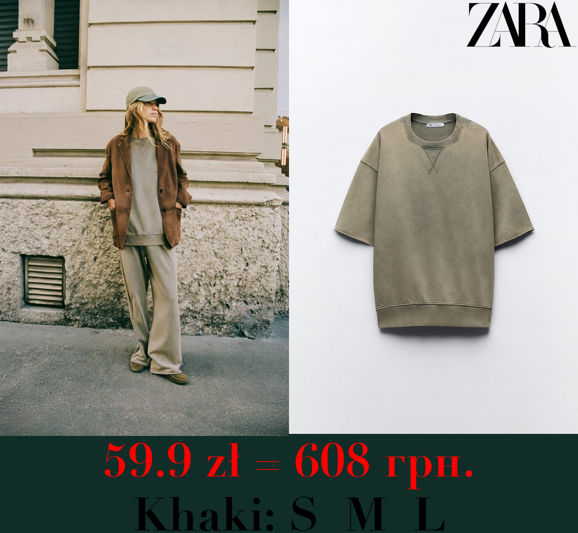 FADED-EFFECT SHORT SLEEVE PLUSH SWEATSHIRT