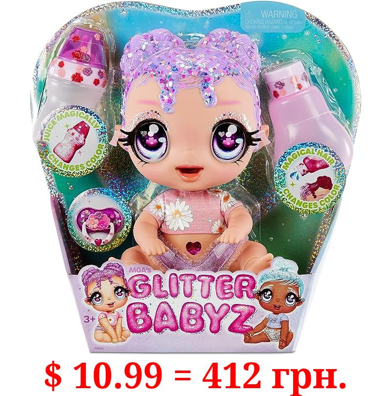 MGA Entertainment Glitter BABYZ Lila Wildboom Baby Doll with 3 Magical Color Changes, Purple Hair , Flower Outfit, Diaper, Bottle, Pacifier Gift for Kids, Toy for Girls Boys Ages 3 4 5+ Years Old