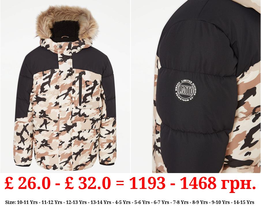 Neutral Camouflage Faux Fur Trim Padded Coat