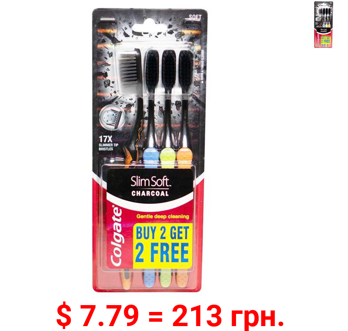 Colgate Slim Soft Charcoal Toothbrush (Pack of 3) 17x Slimmer Soft Tip Bristles