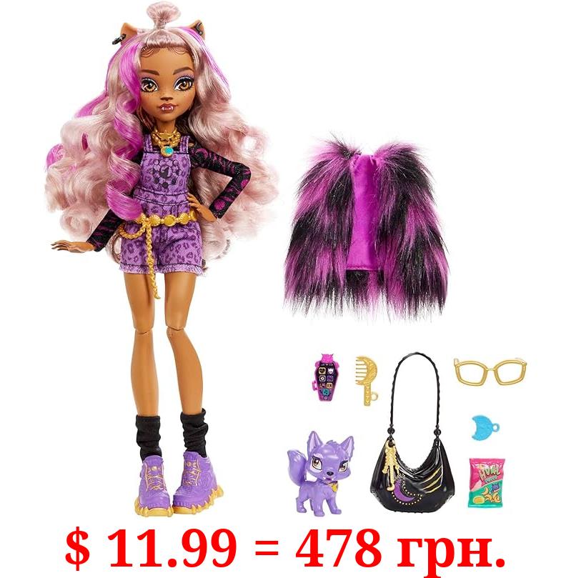 Monster High Doll, Clawdeen Wolf with Purple Streaked Hair in Signature Look with Fashion Accessories & Pet Dog Crescent