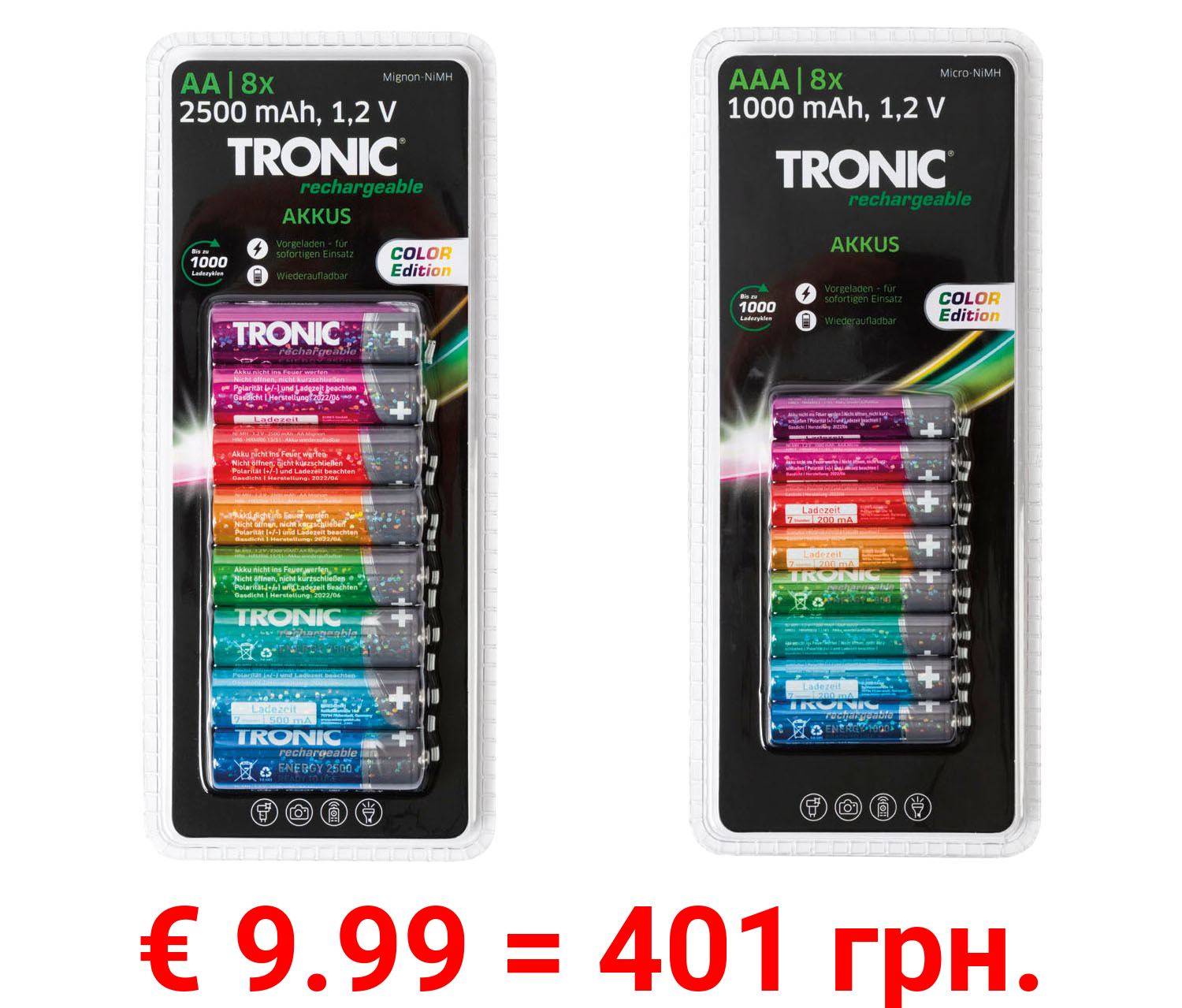 TRONIC® NiMH-Akkus »Ready 2 Use Color«, 8 Stück