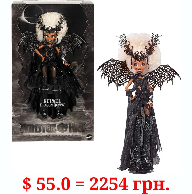 Monster High RuPaul Doll, Dragon Queen Collectible with Glimmering Black Gown, Knee-High Boots, Wings and Premium Packaging