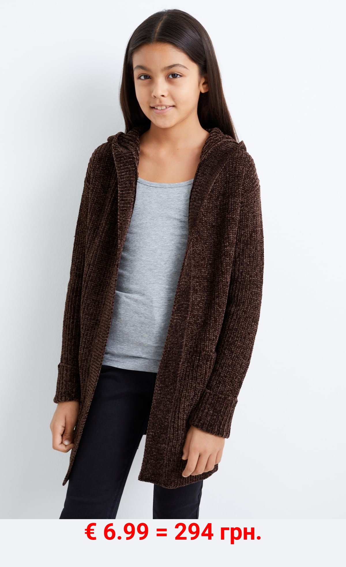 Chenille-Strickjacke mit Kapuze