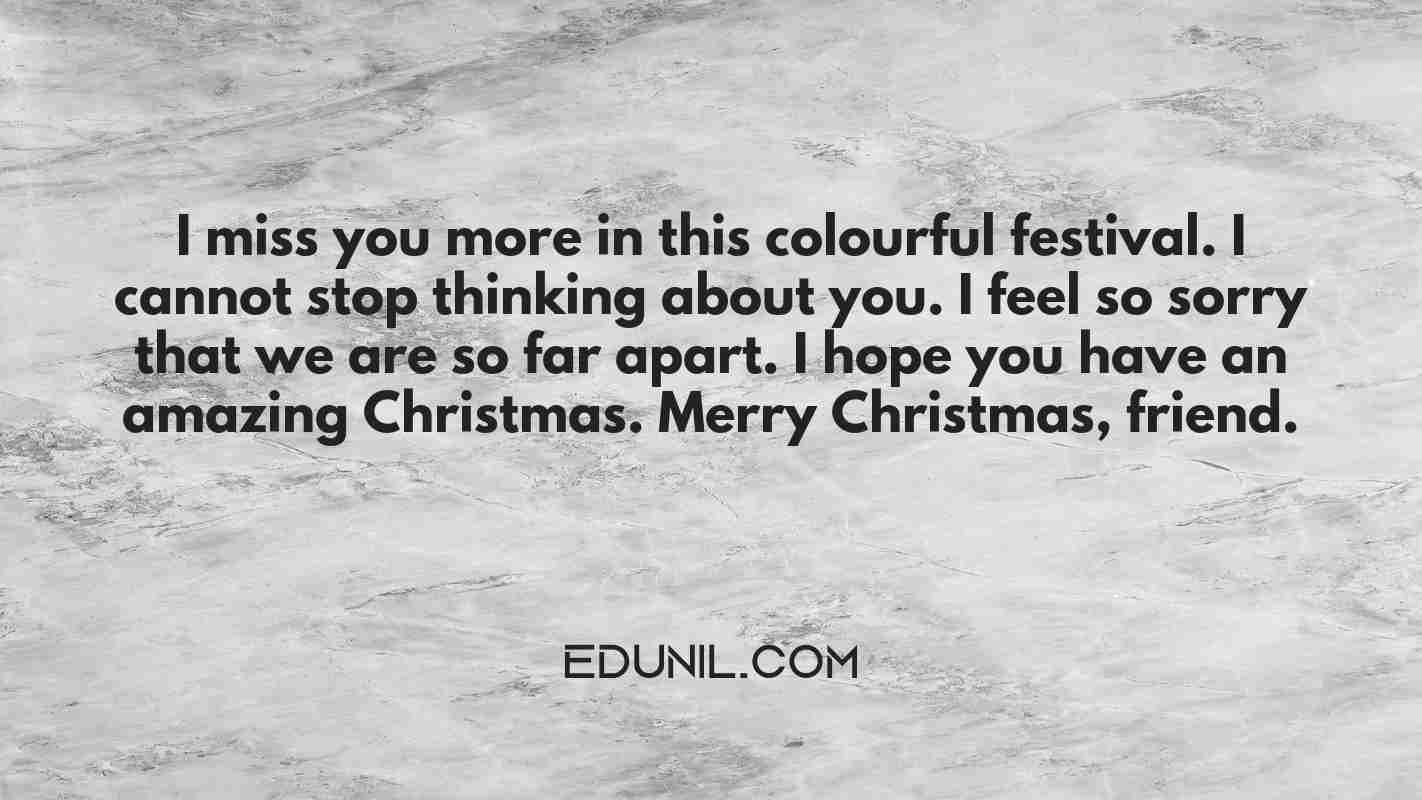 I miss you more in this colourful festival. I cannot stop thinking about you. I feel so sorry that we are so far apart. I hope you have an amazing Christmas. Merry Christmas, friend. - 
