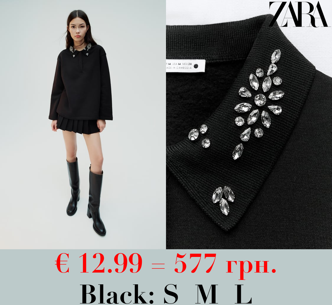 RHINESTONE POLO COLLAR SWEATSHIRT