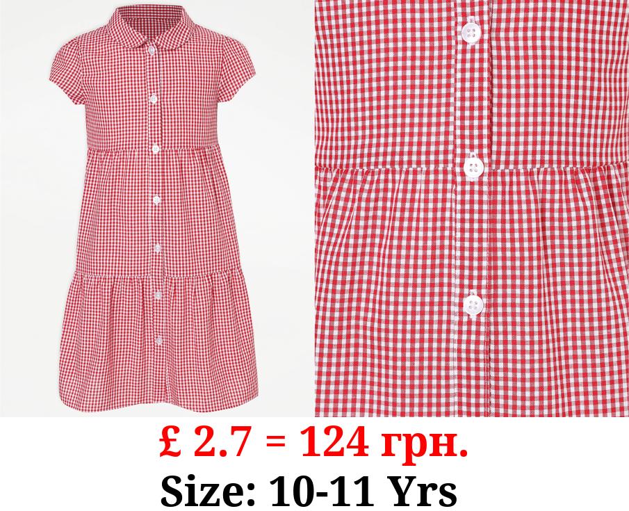 Girls Red Gingham Tiered School Dress