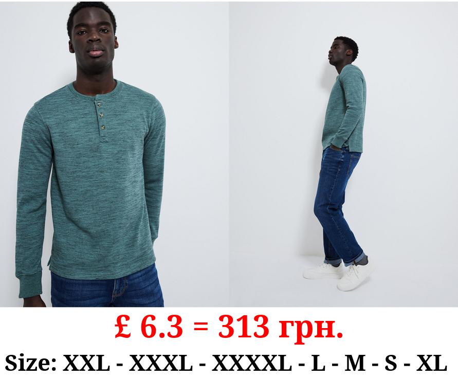 Green Button Fastening Textured Long Sleeve Top