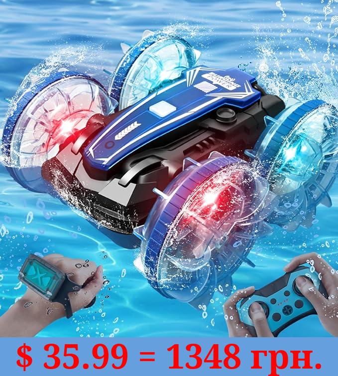 Amphibious Remote Control Car Toys, [2023 Newest] 4WD Gesture Remote Control Car Boat with Waterproof Remote Control, 2.4 GHz All Terrain Remote Control Vehicle with LED Lights Water Beach Pool Toy