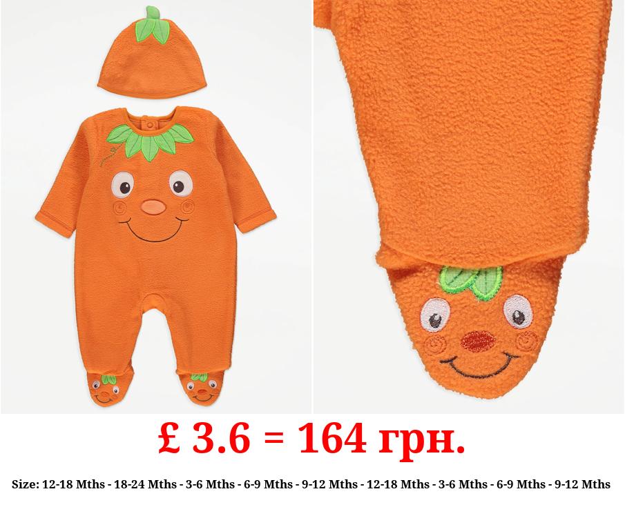 Orange Pumpkin Fleece Sleepsuit and Hat
