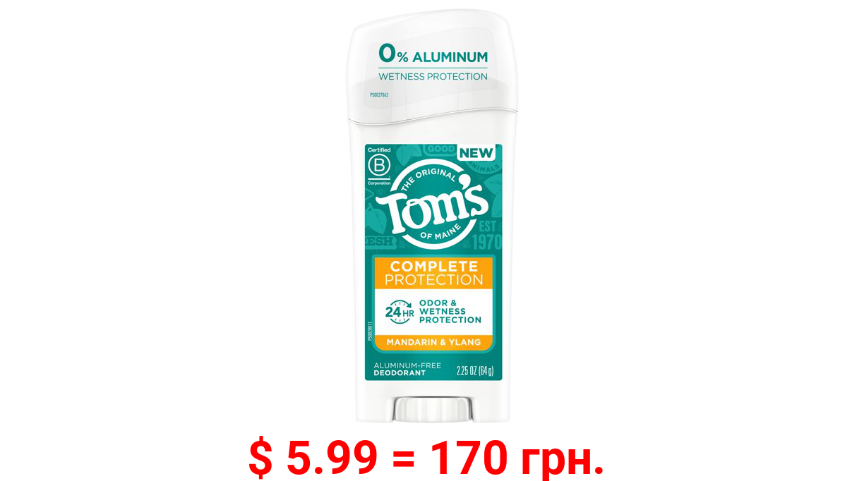 Tom's of Maine Complete Protection Aluminum-Free Natural Deodorant for Women, Mandarin & Ylang, 2.25 Oz