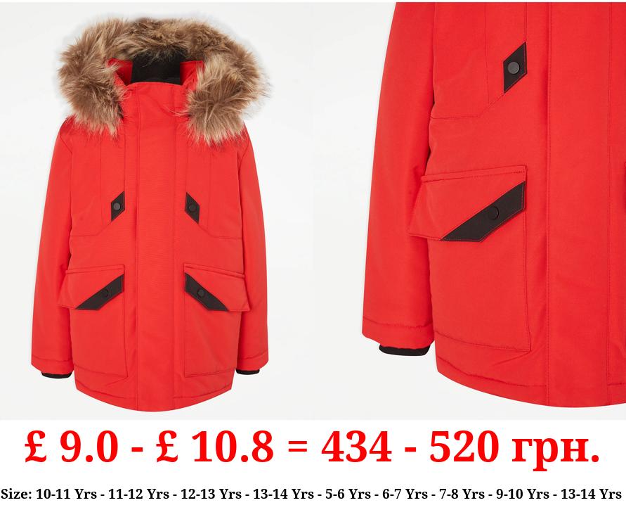 Red Faux Fur Trim Parka Coat