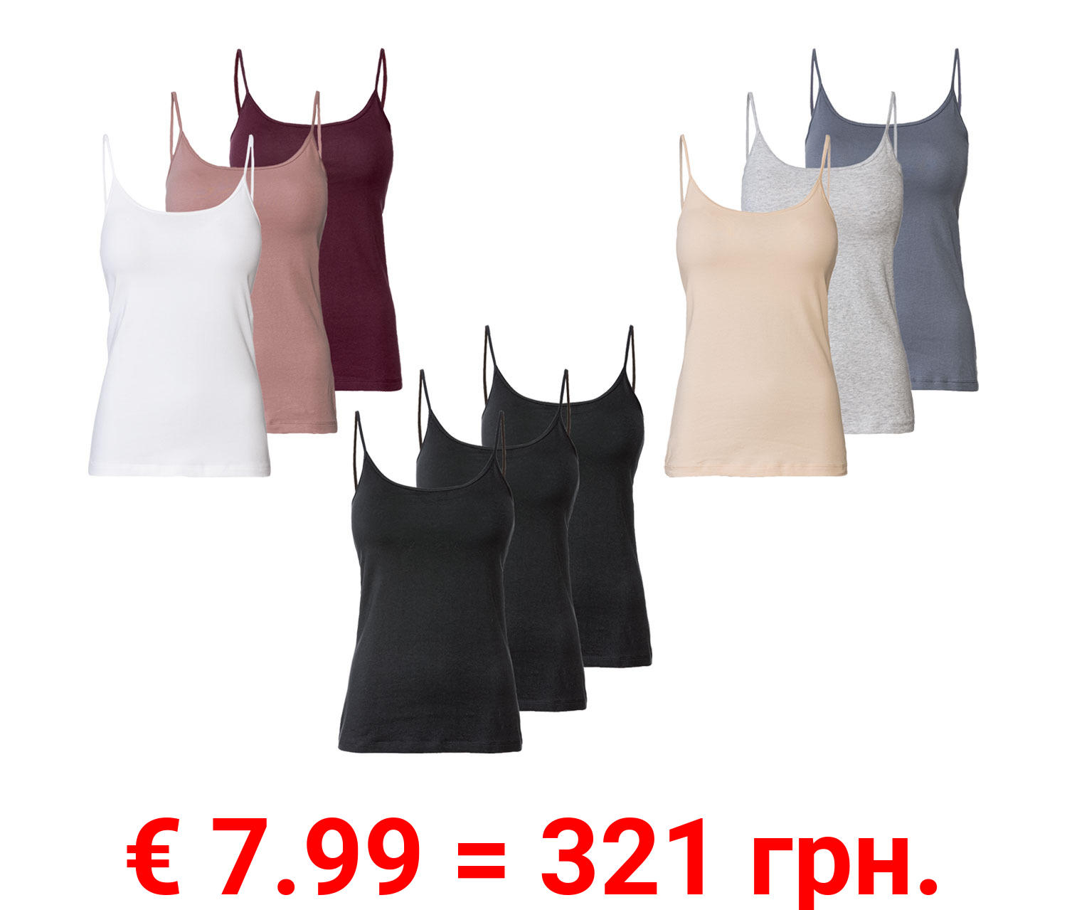 esmara® Damen Spaghettitops, 3 Stück, mit hohem Baumwollanteil