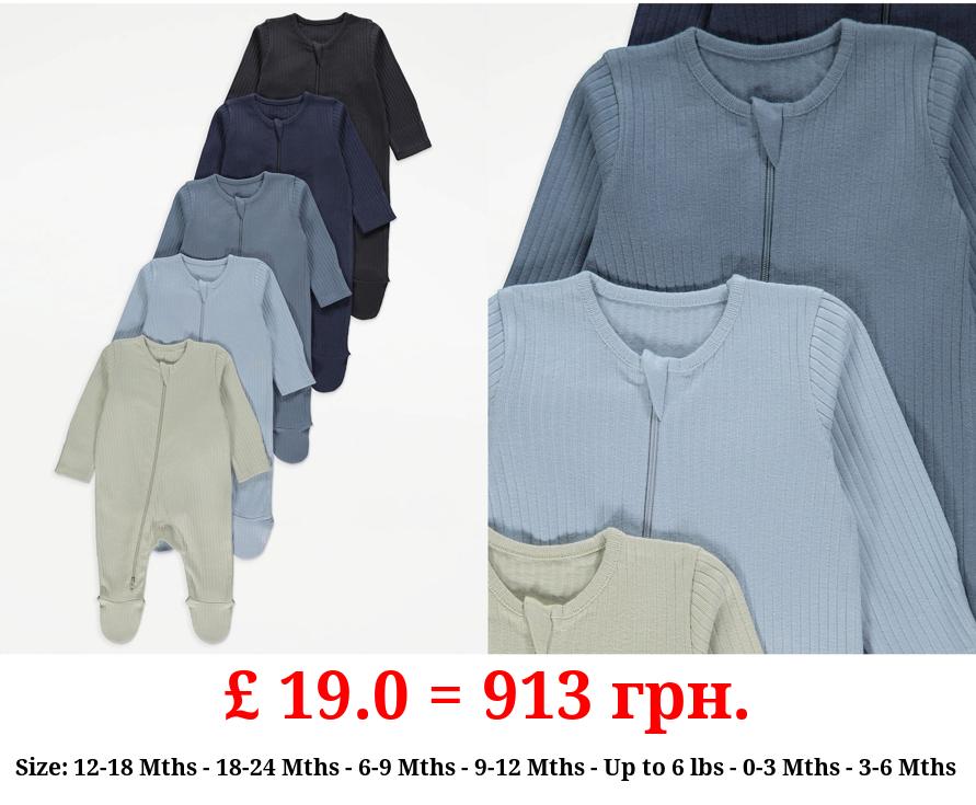 Ribbed Long Sleeve Zip Up Sleepsuits 5 Pack