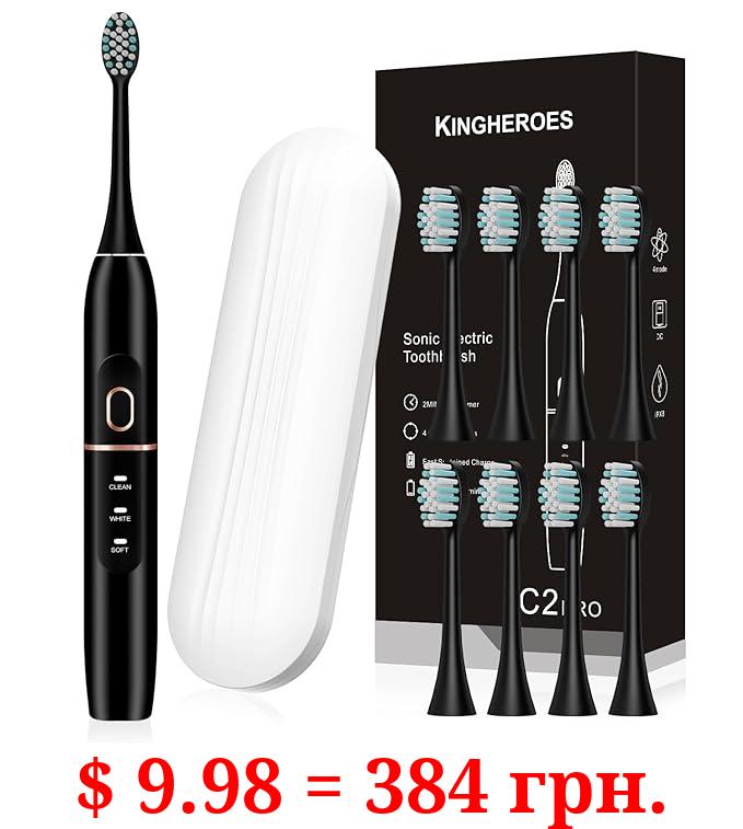 kingheroes Electric Toothbrush Set, Comes with 8 Brush Heads & Travel Case,4 Modes with 2 Minutes Built in Smart Timer, One Charge for 60 Days, 42000 VPM Motor (Black)