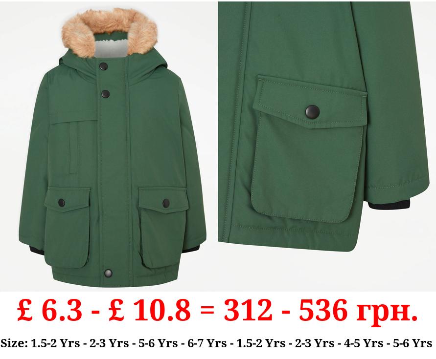 Khaki Faux Fur Trim Parka Coat