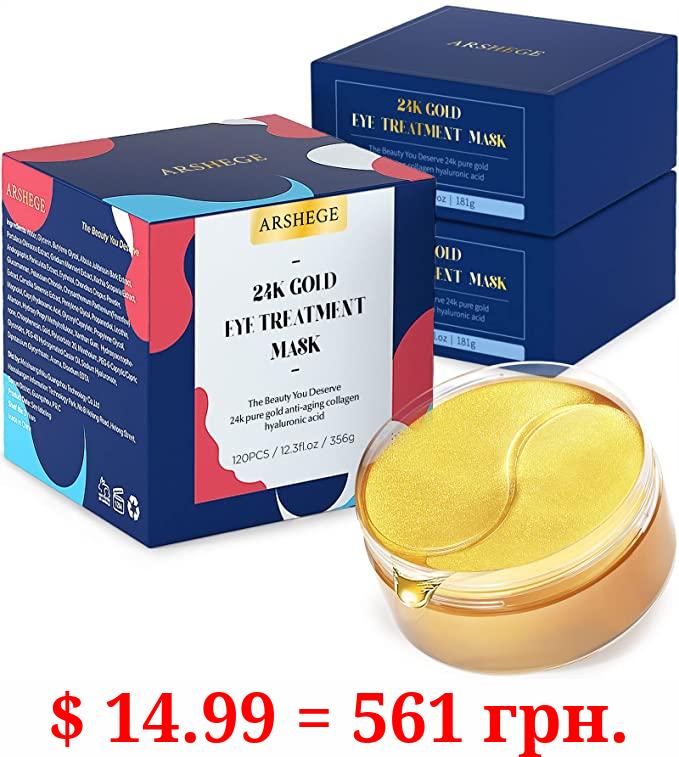 arshege 120 PCS Under Eye Patches - 24K Gold Eye Mask - Personal Care Anti-Aging Collagen Hyaluronic Acid Eye Masks for Dark Circles and Puffiness, Anti-Wrinkle and Hydrating Under Eye Mask