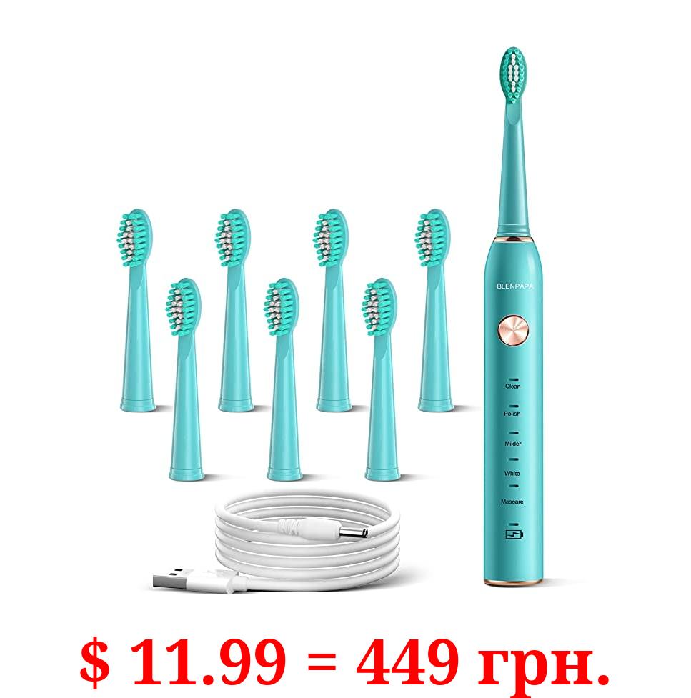 Blenpapa USB Rechargeable Sonic Electric Toothbrush for Adults Powered Motor Soft Dupont Brush Heads 2 Minutes Timer 5 Modes Teeth Whitening, Green