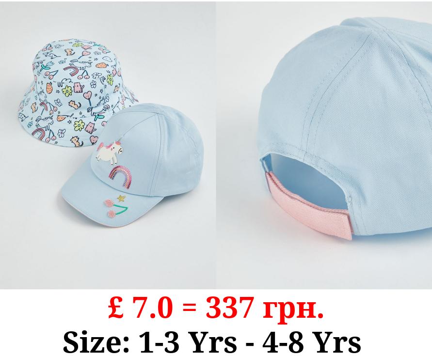 Fun Print Light Blue Unicorn Cap and Bucket Hat Set
