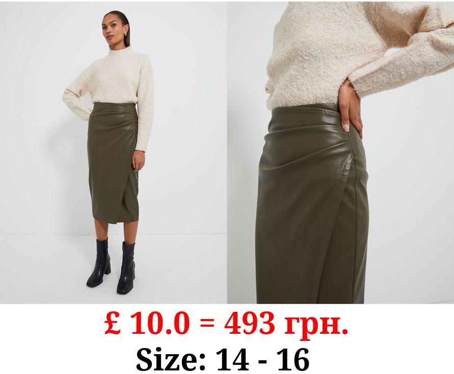 Khaki Faux Leather Side Ruched Midi Skirt