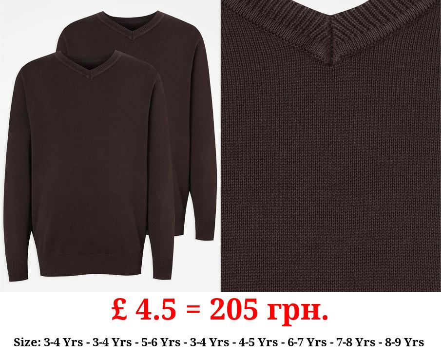 Brown V-Neck School Jumper 2 Pack