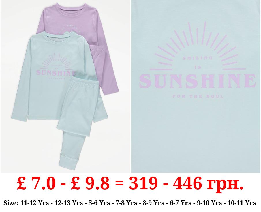 Blue Smiling Is Sunshine Slogan Print Pyjamas 2 Pack