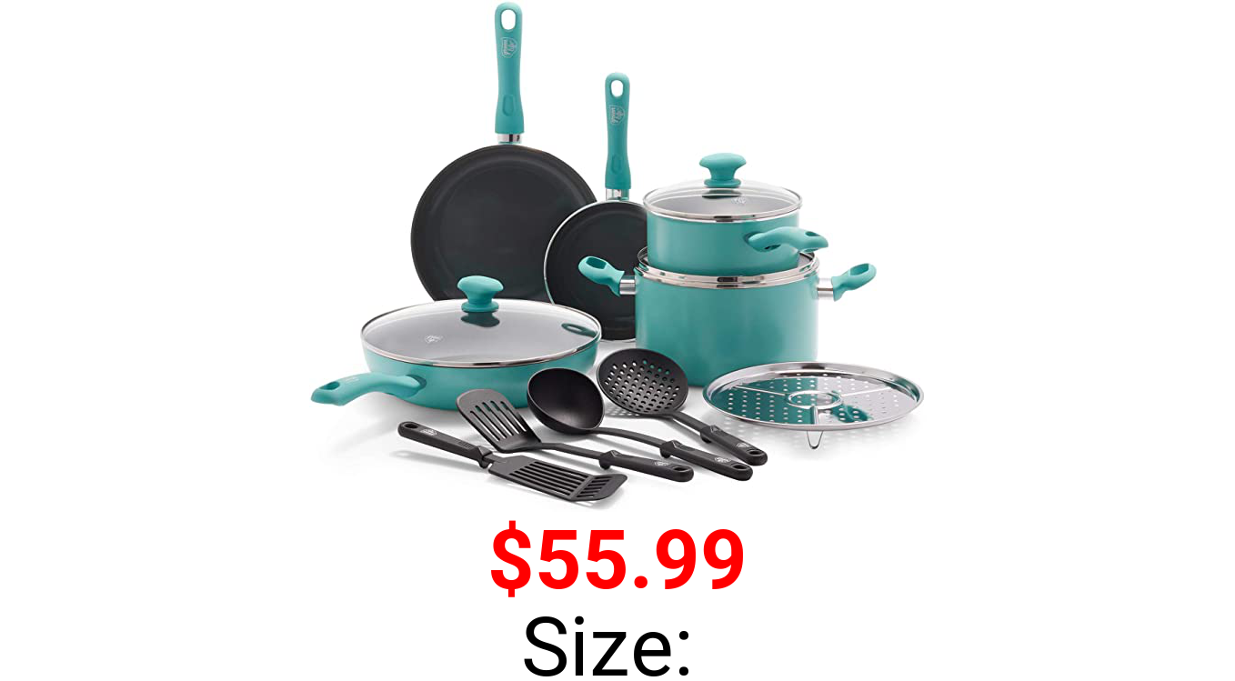 GreenLife Soft Grip Diamond Healthy Ceramic Nonstick, Cookware Pots and Pans Set, 13 Piece, Turquoise