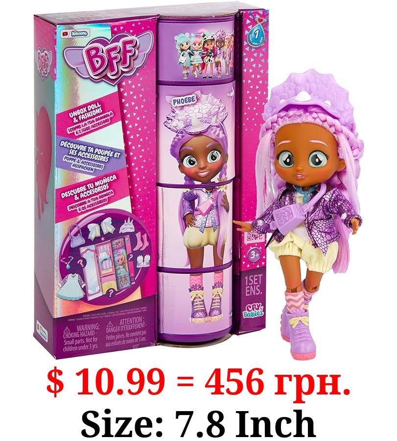 Cry Babies BFF Phoebe Fashion Doll with 9+ Surprises including Outfit and Accessories for Fashion Toy, Girls and Boys Ages 4 and Up, 7.8 Inch Doll, Multicolor