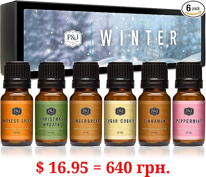 P&J Fragrance Oil Winter Set | Cinnamon, Gingerbread, Sugar Cookies, Harvest Spice, Peppermint, and Christmas Wreath Candle Scents for Candle Making, Freshie Scents, Soap Making Supplies
