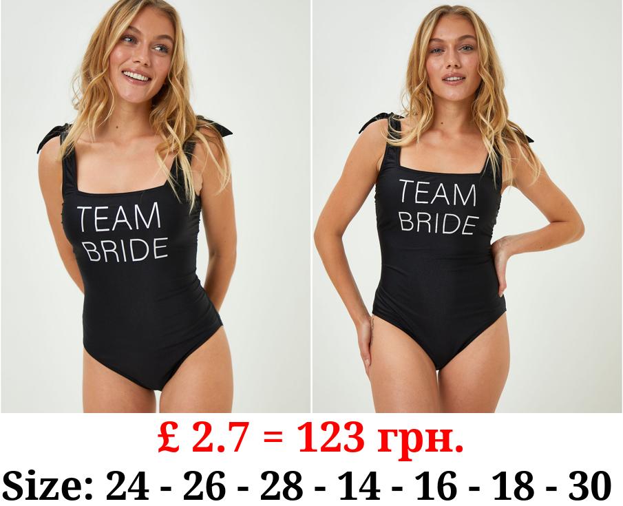 Black Team Bride Slogan Print Swimsuit