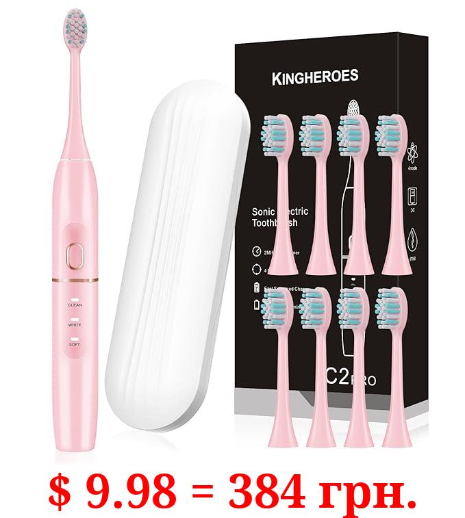 kingheroes Electric Toothbrush Set, Comes with 8 Brush Heads & Travel Case,4 Modes with 2 Minutes Built in Smart Timer, One Charge for 60 Days, 42000 VPM Motor (Pink)