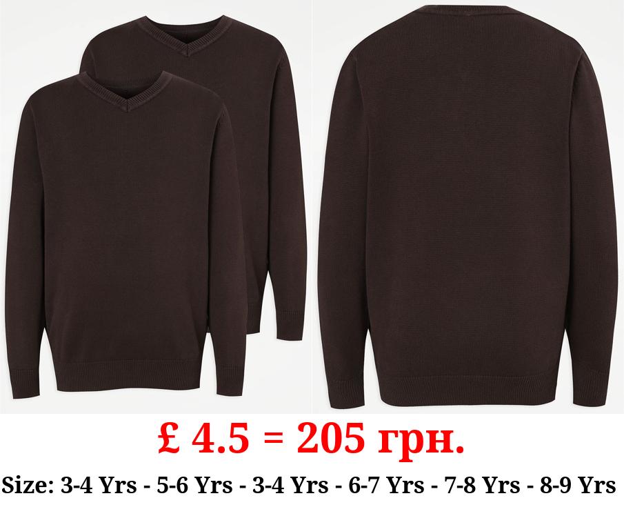 Brown V-Neck School Jumper 2 Pack