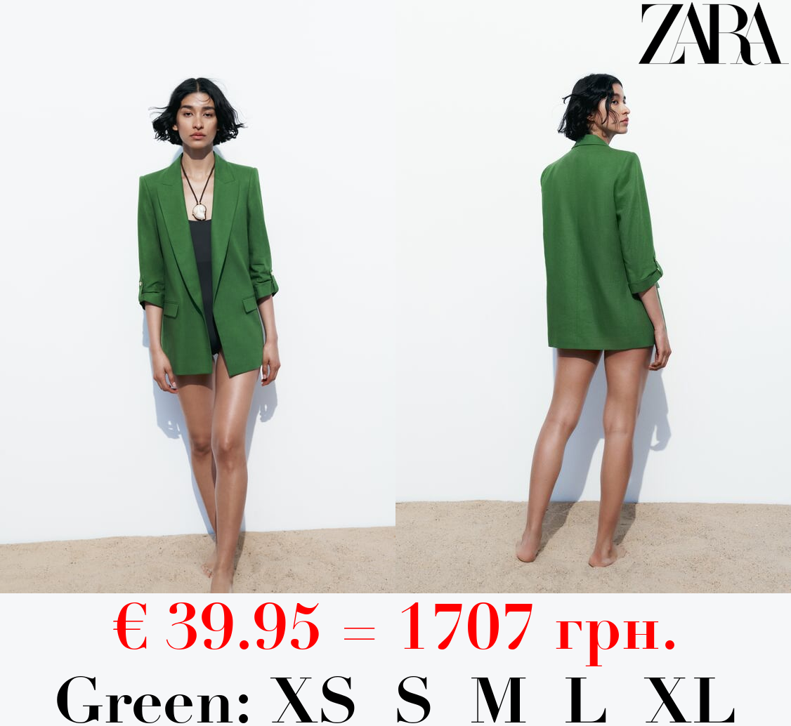 LINEN BLEND ROLL-UP SLEEVE OPEN BLAZER