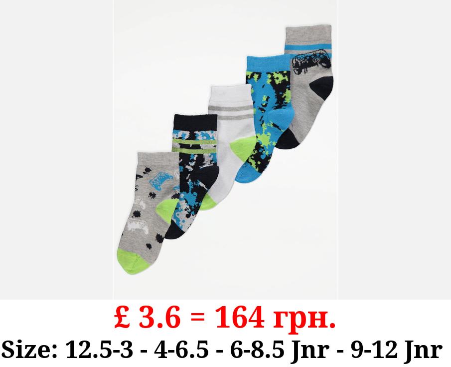Grey Gamer Print Cotton Rich Ankle Socks 5 Pack