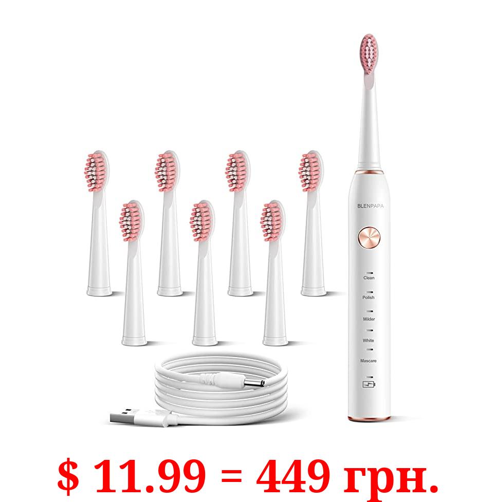 Blenpapa High Vibration 38000VPM Sonic Electric Toothbrush for Adults with Timer Dupont Brush Heads Ultra Whitening 5-Modes - White