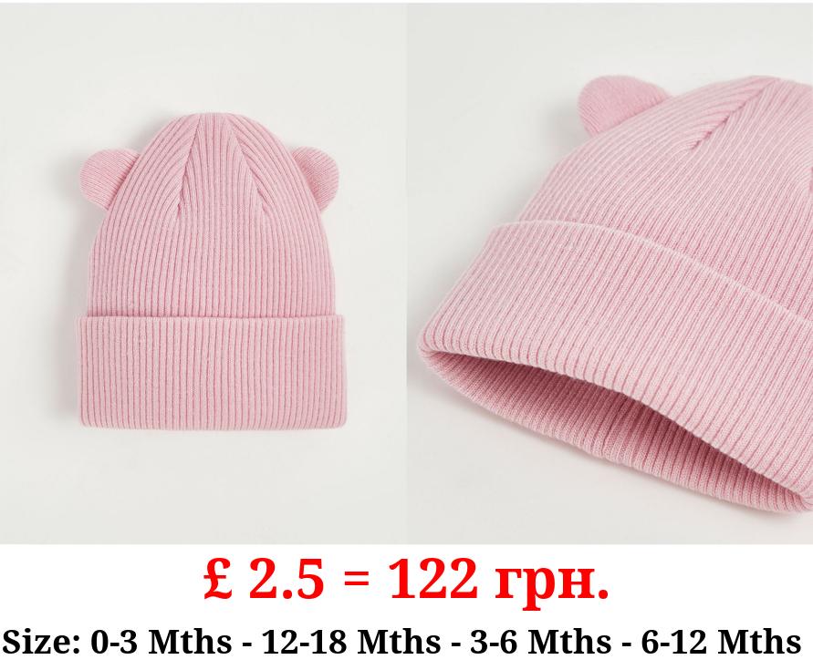 Pink Ear Ribbed Beanie Hat