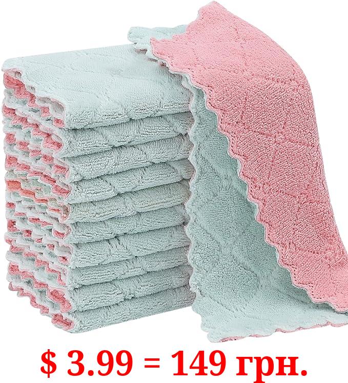 11Pack Kitchen Dish Cloths, Reusable Dish Towels, Nonstick Oil Washable Fast Drying, Super Absorbent Coral Velvet Cleaning Cloths for Cleaning Tableware, Kitchen, Bathroom (Pink-green10 x 6")