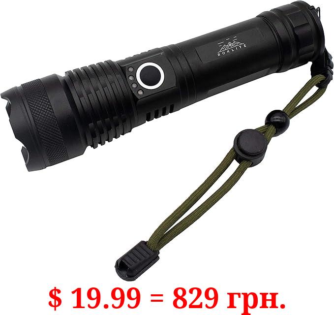 Roklite Rechargeable Handheld Flashlight - Super Bright - Zoomable - Adjustable Focus - 5 Modes - High Lumens - Waterproof IPx5 - Tactical for Emergencies, Hiking, Camping, Home & More., Black