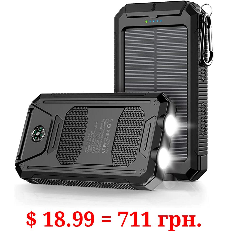 Power Bank,Solar Charger,36800mAh 5V3.1A QC 3.0 Dual 2 USB Port Built-in Powerful Flashlight IPX7(Black)