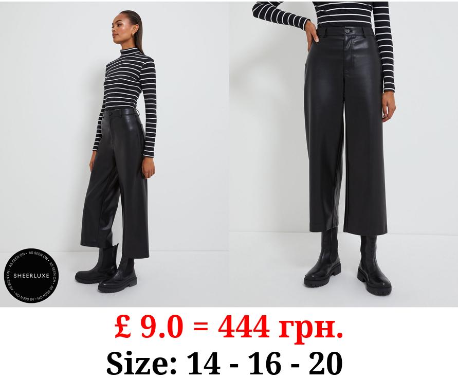 Black Faux Leather Wide Leg Cropped Trousers
