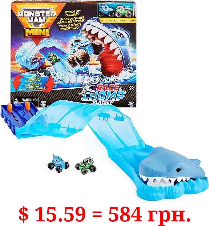Monster Jam, Mini Megalodon Race and Chomp Playset with 2 Monster Jam Mini Trucks, 1:87 Scale, Kids Toys for Boys and Girls Ages 4-6+