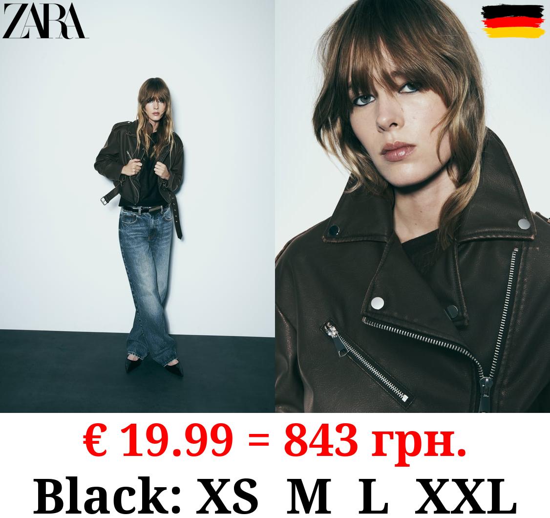 WORN EFFECT CROPPED LEATHER EFFECT BIKER JACKET