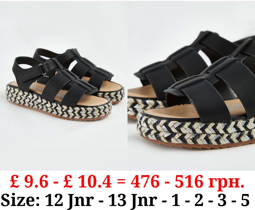Black Fisherman Espadrille Wedge Sandals
