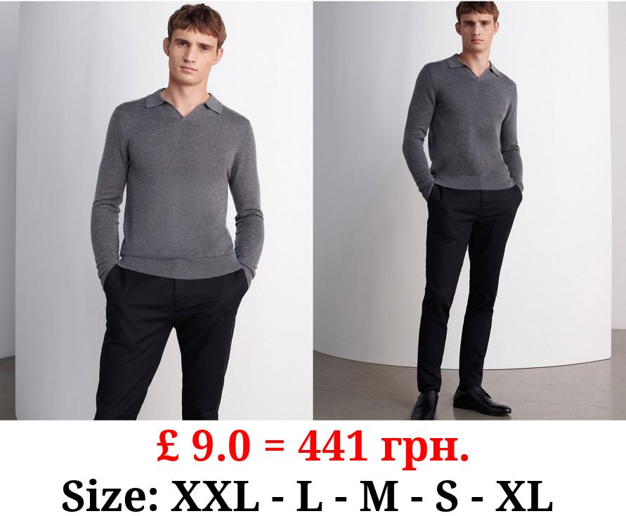 Studio Edit Charcoal Merino Blend Open Collar Knitted Polo